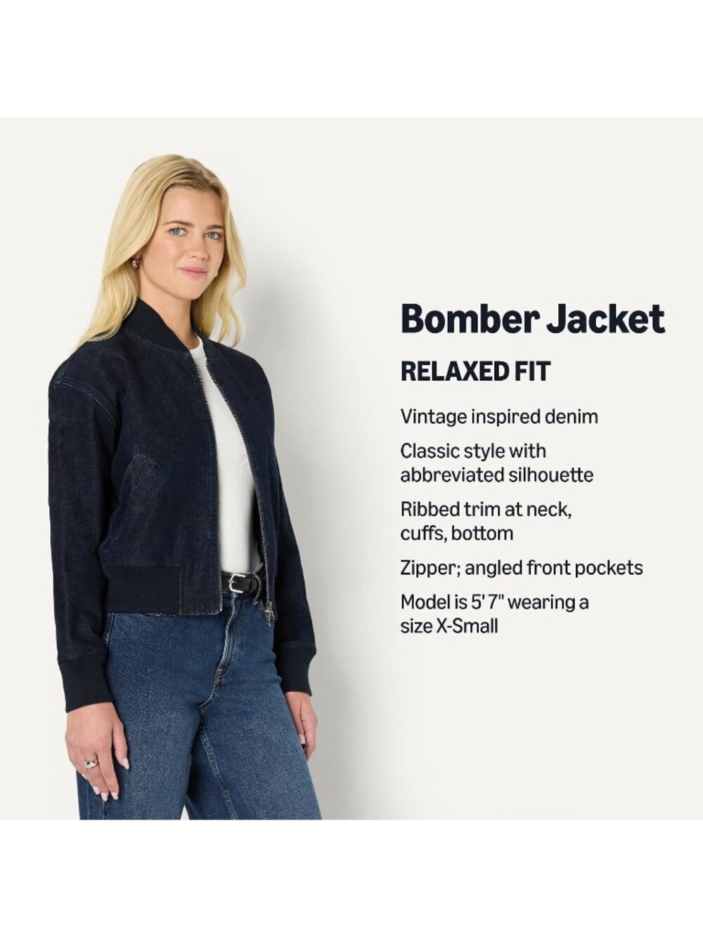 〽️Rinse Denim Women's Padded Bomber Jacket Relaxed Fit Zip Jacket - Picture 2 of 6